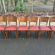 6 Art Deco gondola chairs in solid oak with burgundy leatherette, 1940.