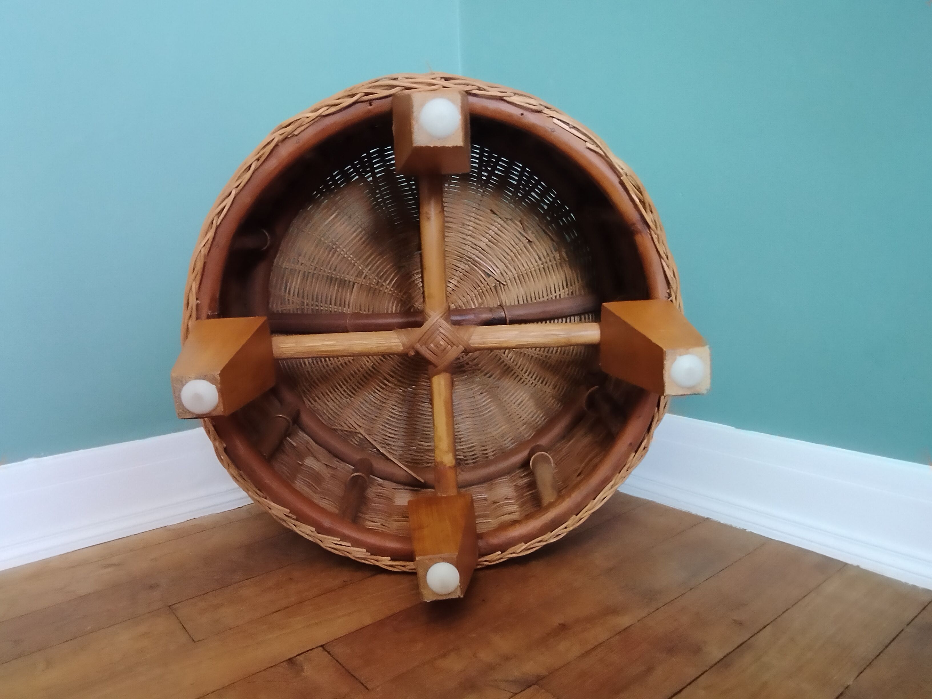 Vintage braided rattan pouf