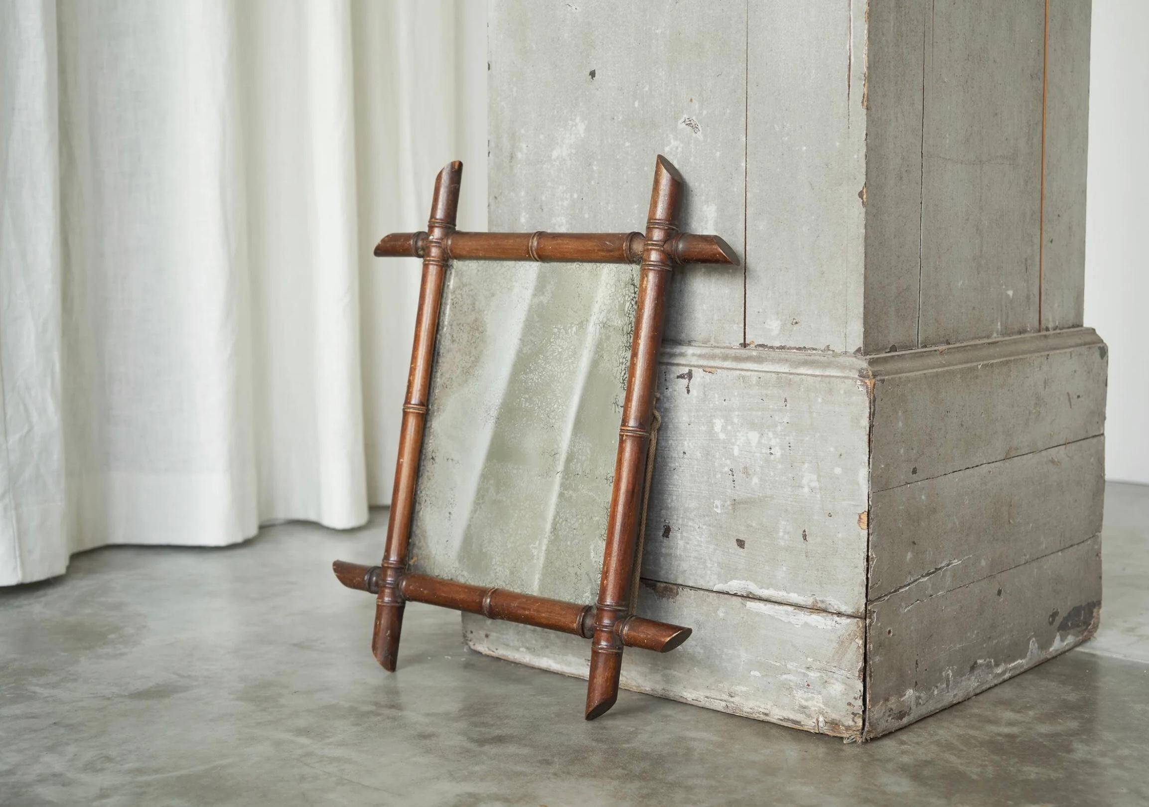 Faux Bamboo Mirror in Wood and Aged Mirror, Early 20th Century
