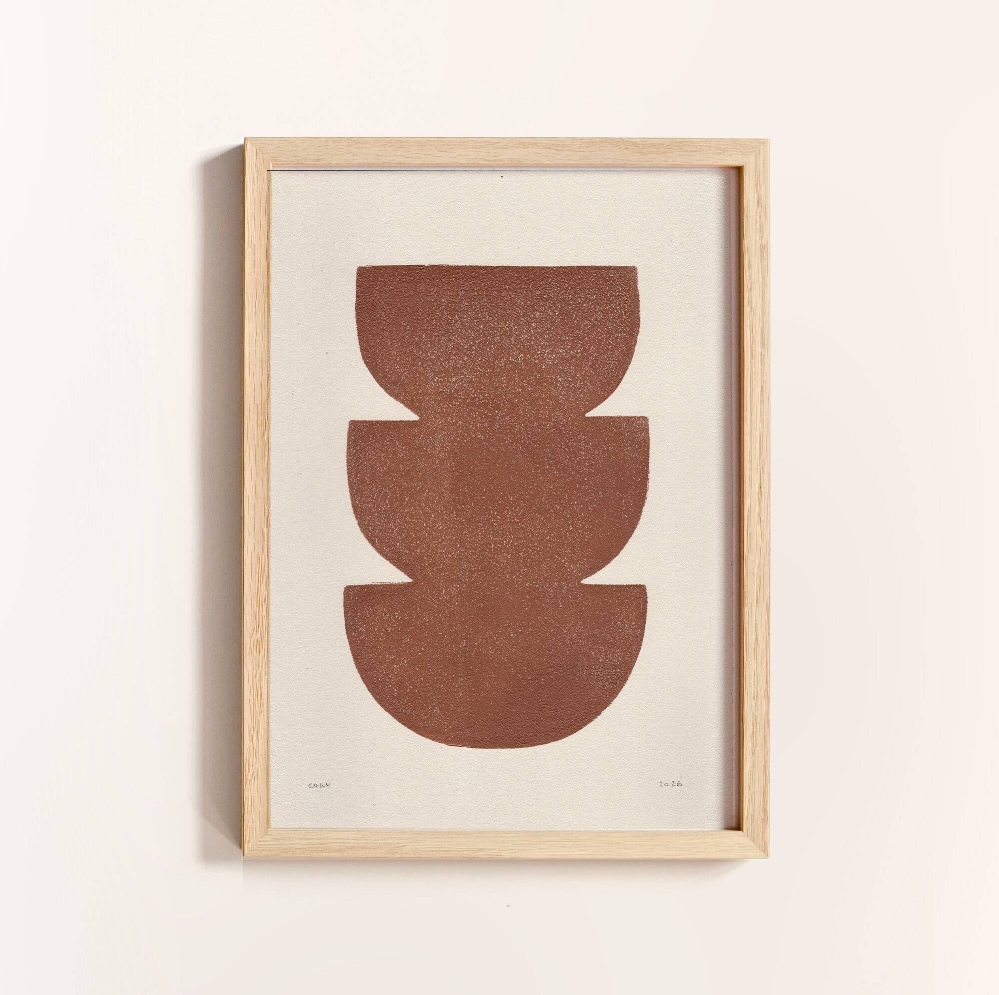 Duo of terracotta abstract paintings on paper signed Eawy.