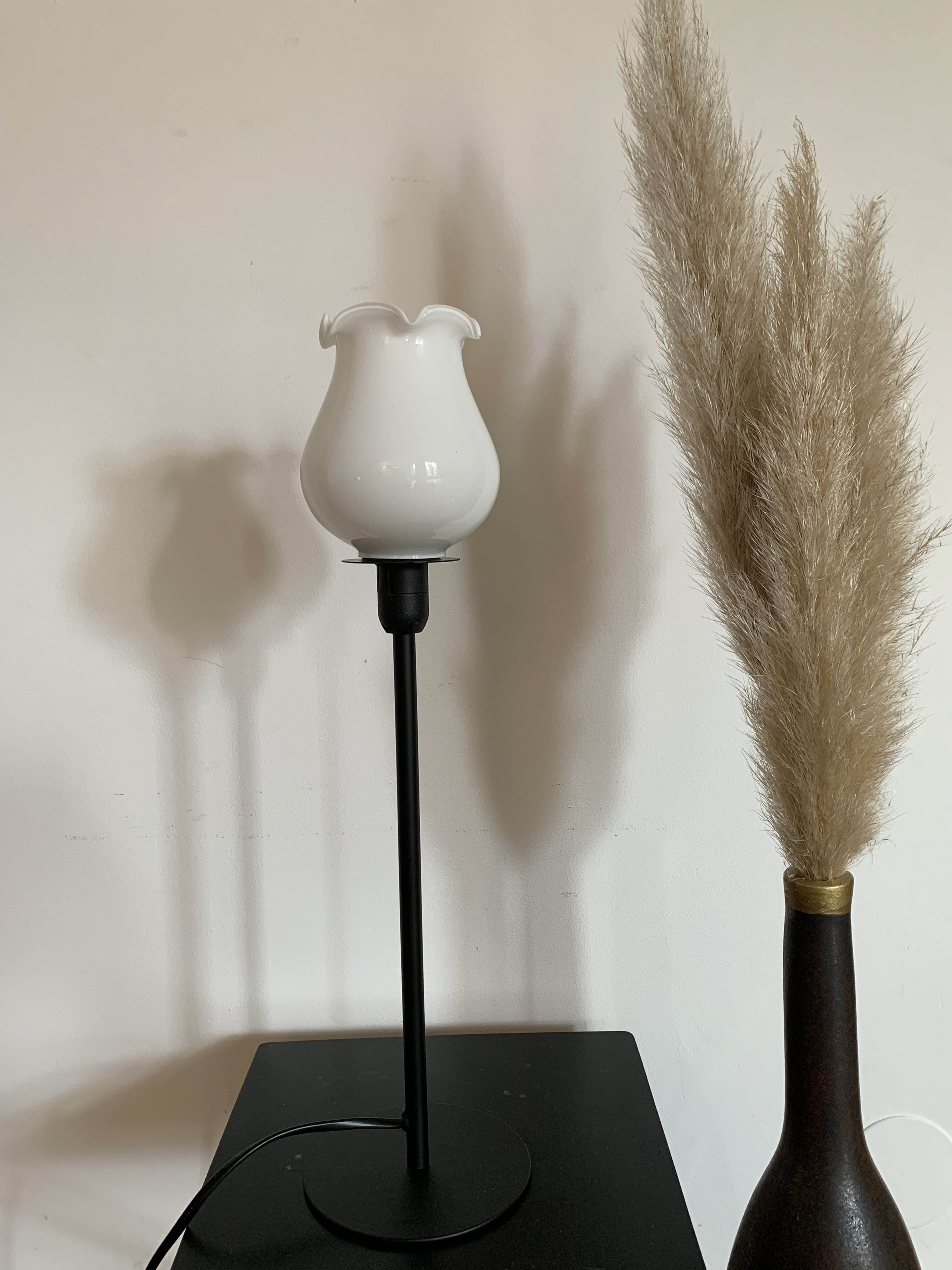 Table lamp with old white glass globe, restyled, lily of the valley shape