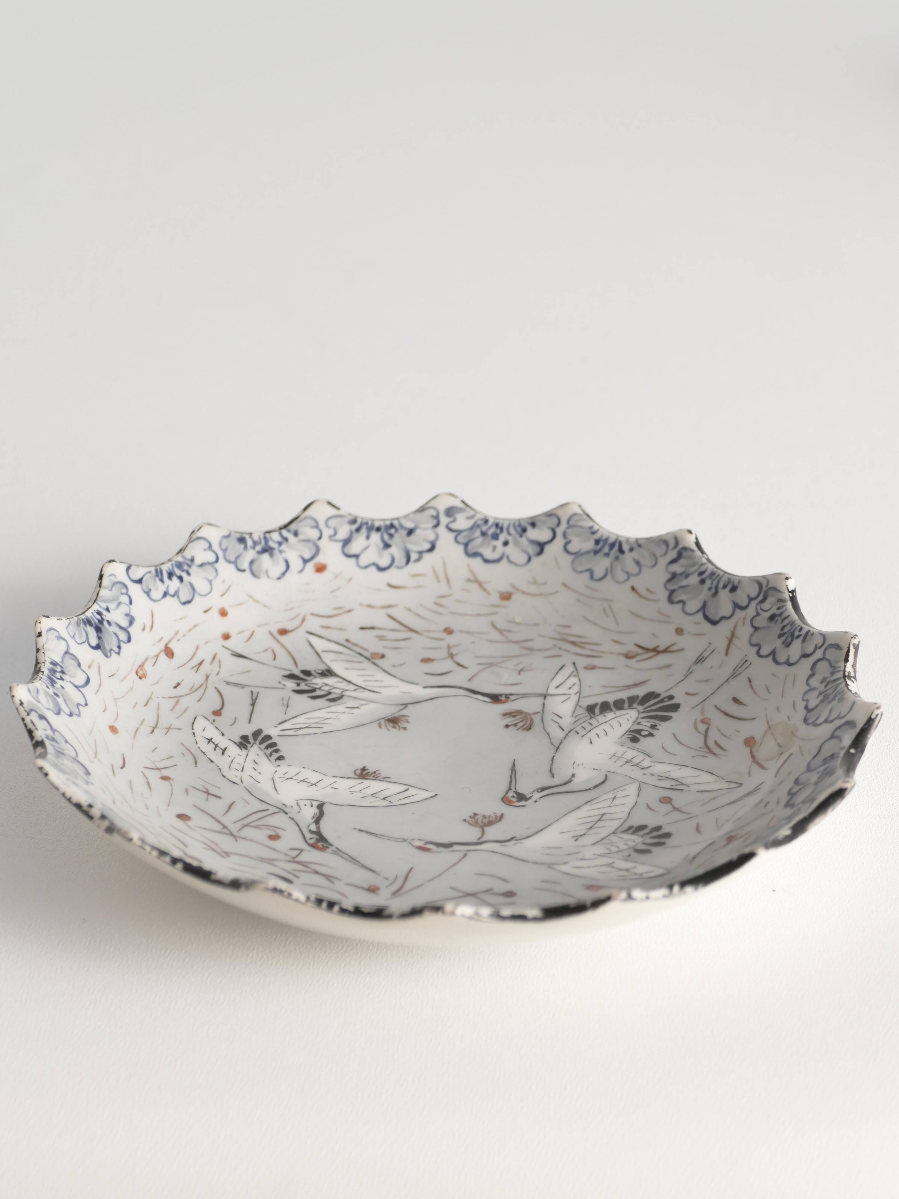 Japanese Meiji Period Light Blue Porcelain Dish with Cranes