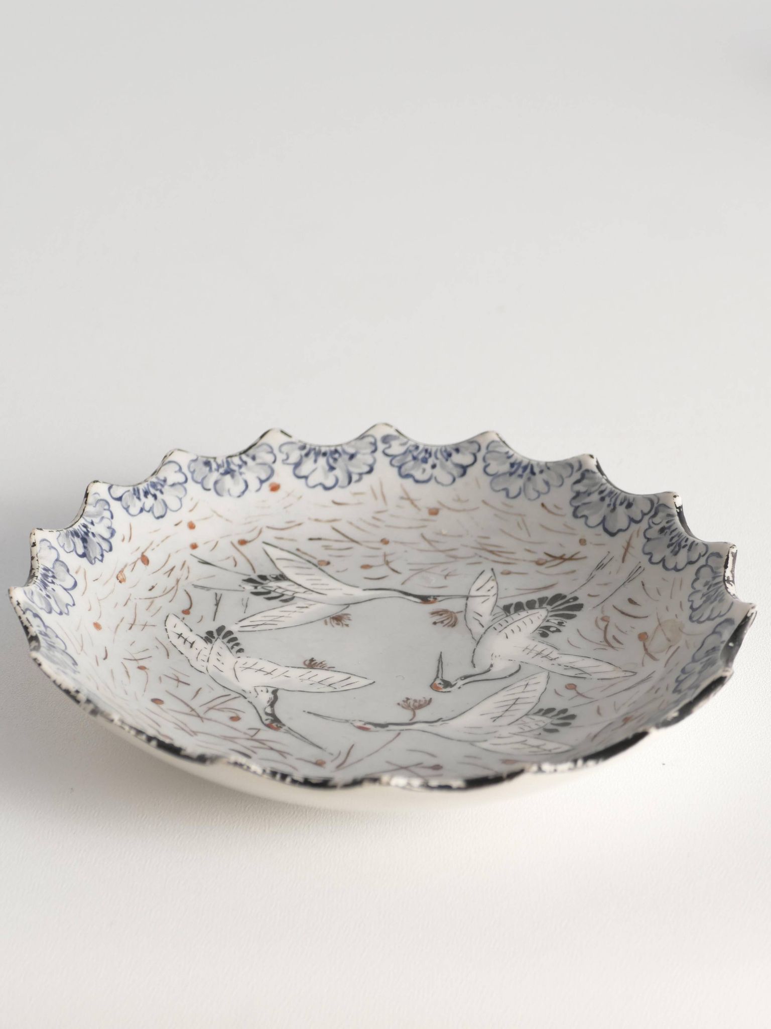 Japanese Meiji Period Light Blue Porcelain Dish with Cranes