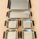 Service of Scandinavian dishes in stainless steel and teak 1970