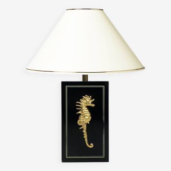 Brass seahorse table lamp midcentury black gold hollywood regency 1970s