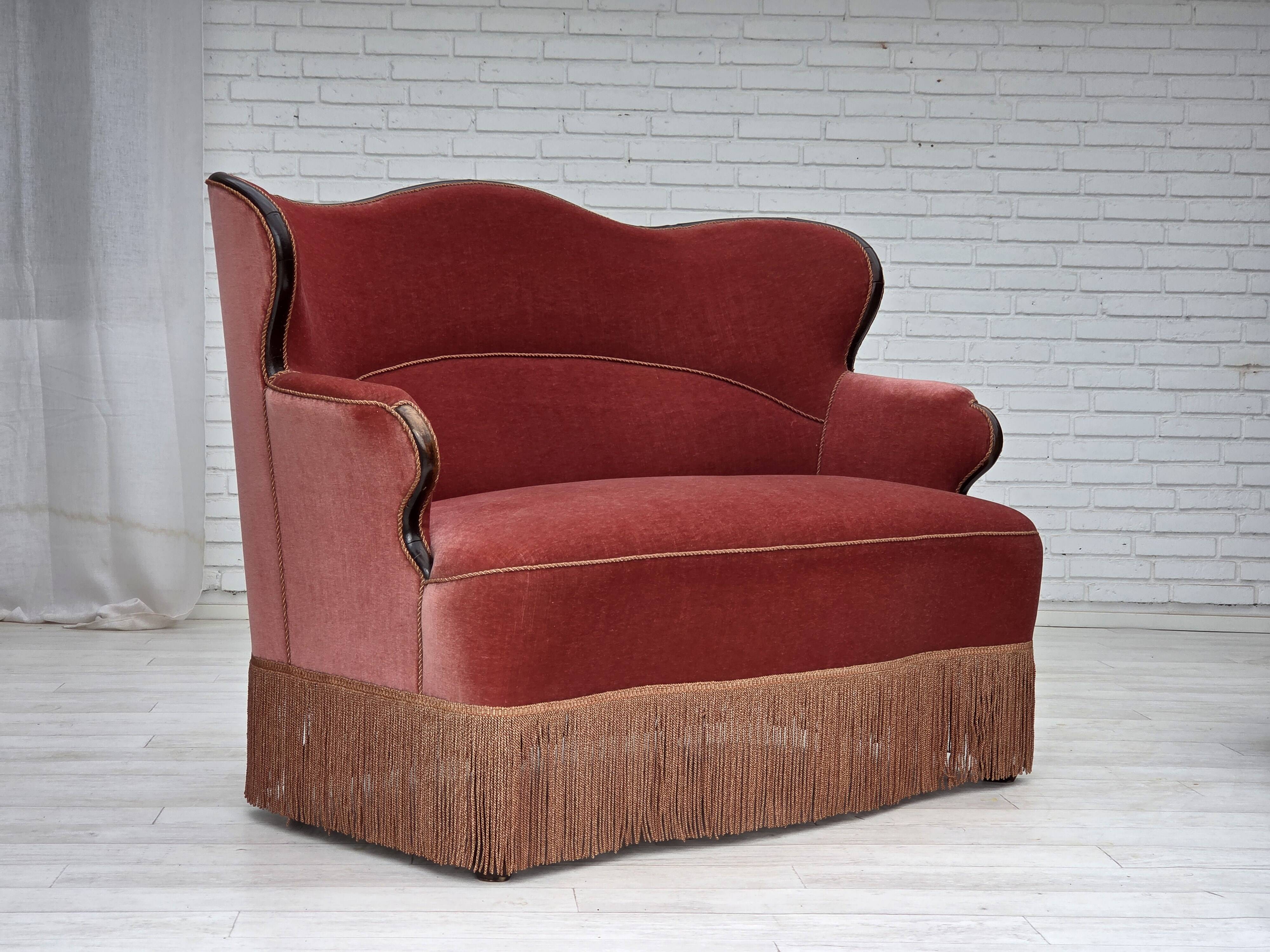 1950s, Danish 2-seater sofa, salmon pink furniture velour, ash wood.