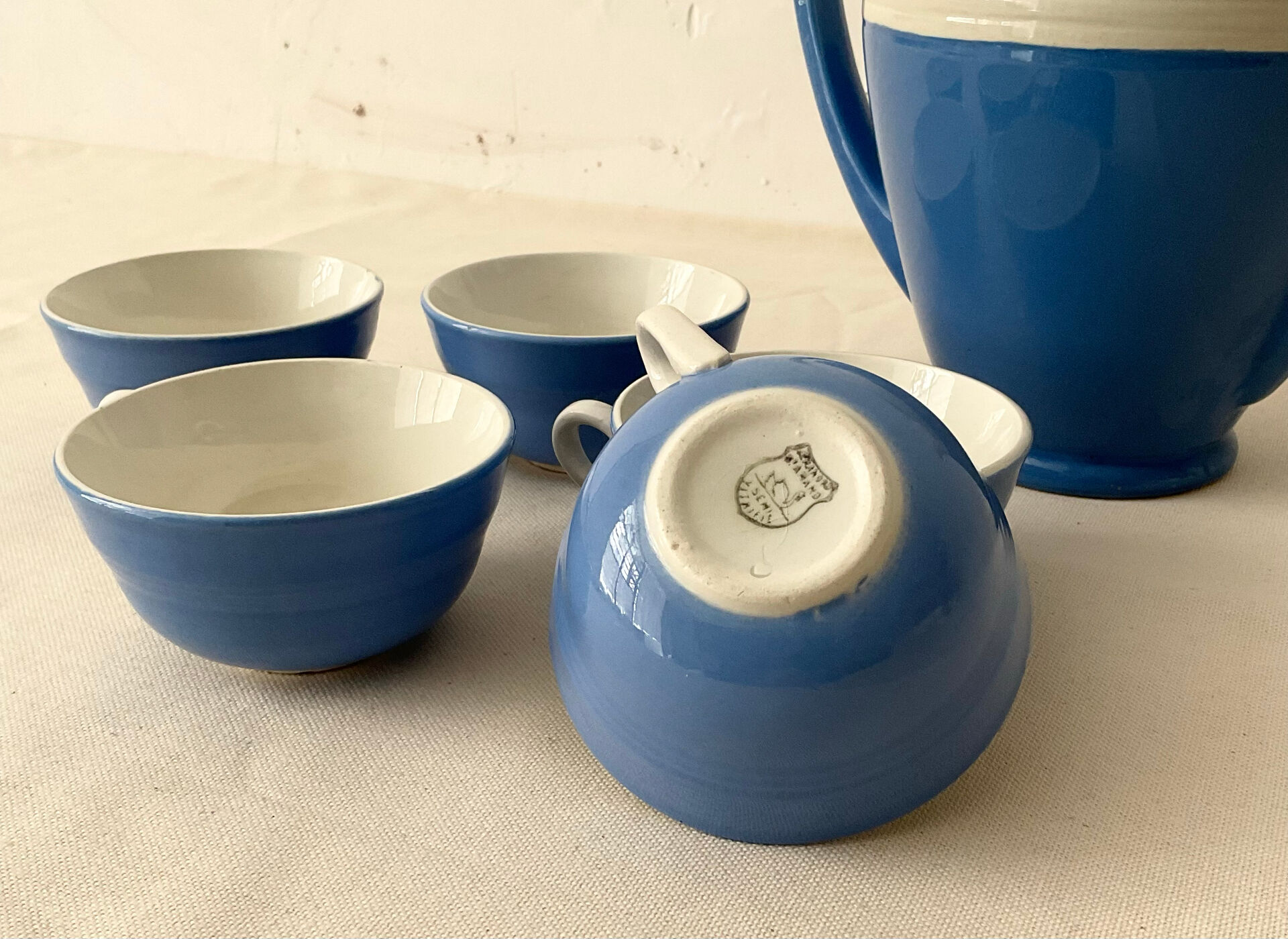 Blue and white Saint-Amand coffee service