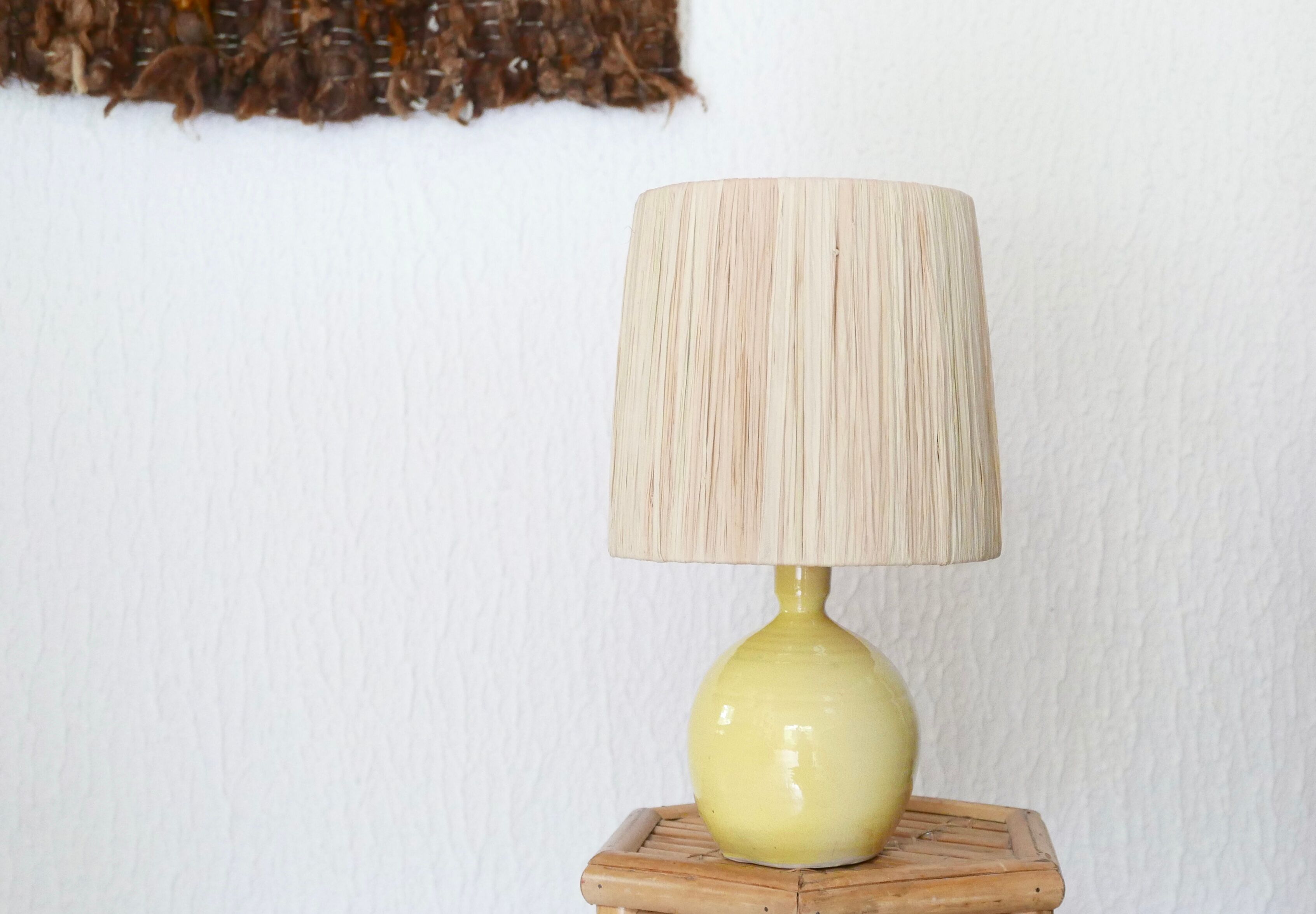 Yellow ceramic lamp, raffia lampshade, 60s
