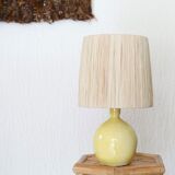 Yellow ceramic lamp, raffia lampshade, 60s