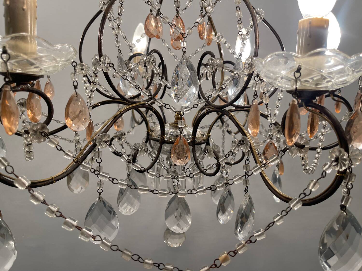 Bronze Pink Crystal Chandelier 1950’s