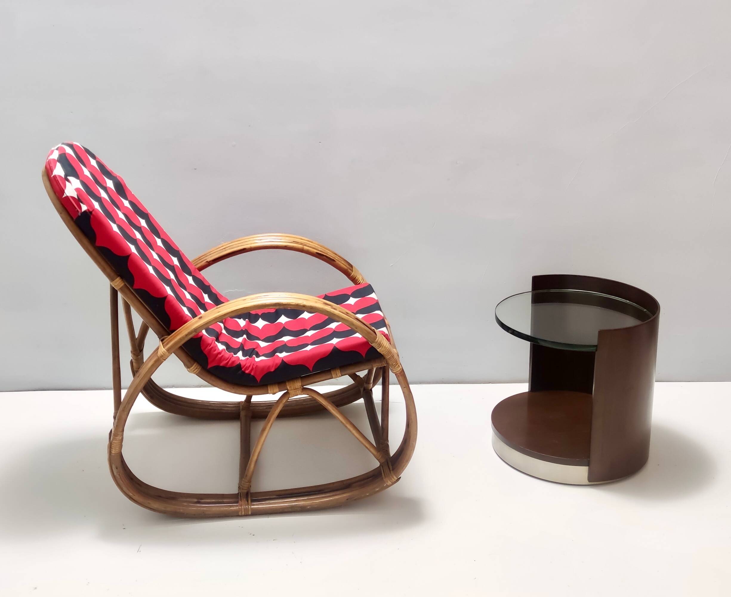 Postmodern Bamboo Rocking Chair with Red, Black and White Fabric Upholstery
