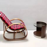 Postmodern Bamboo Rocking Chair with Red, Black and White Fabric Upholstery