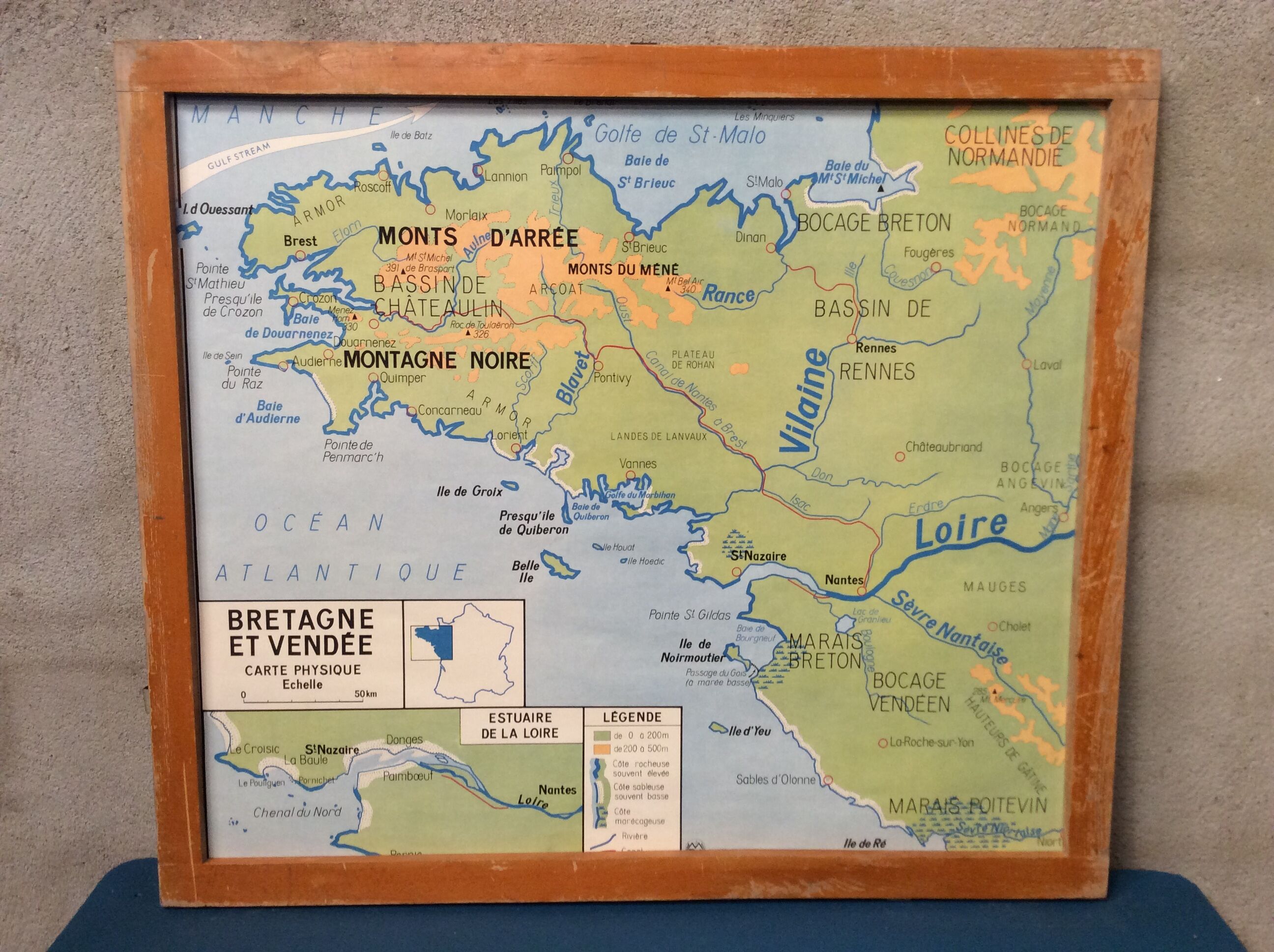 School poster physical map Pays de la Loire / Bretagne Vendée 1960 vintage