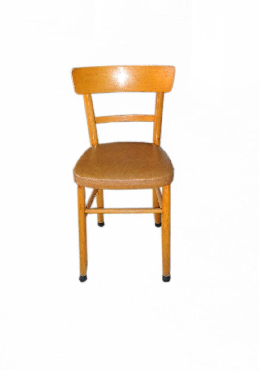 Vintage chair in brown faux leather and light wood, 1960s, padded seat.