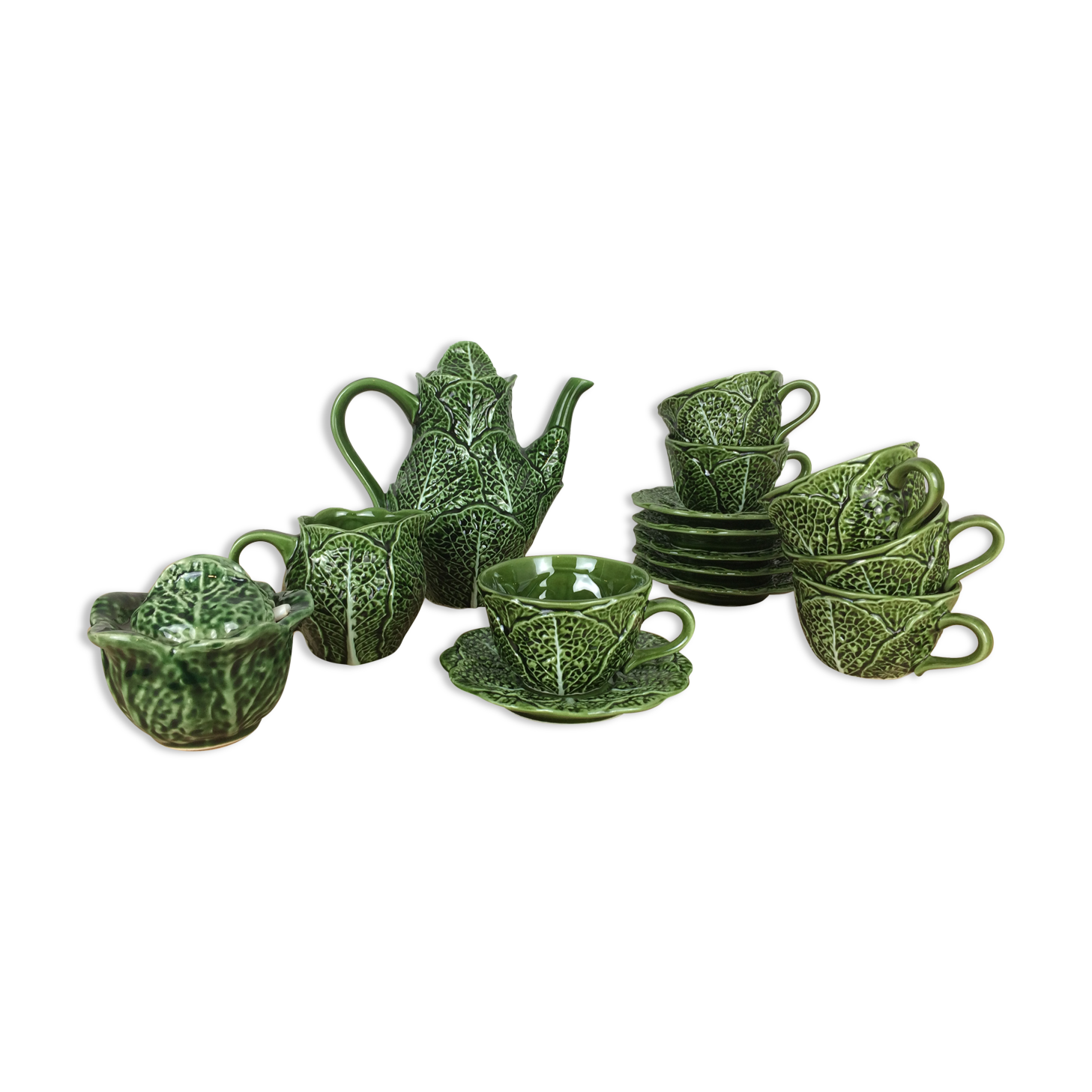 Ceramic cabbage tea set, 6 cups, teapot