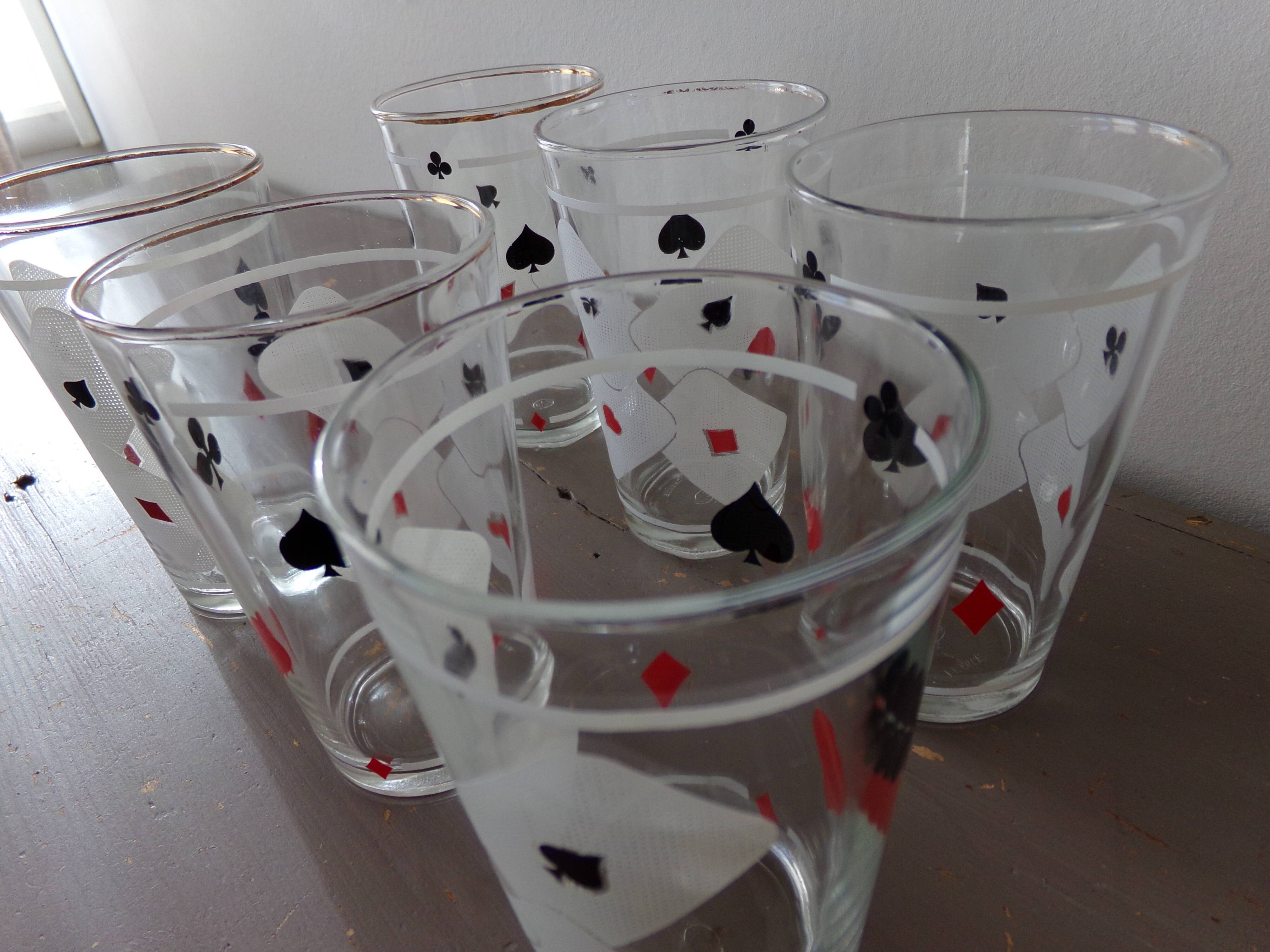Lot of 6 glasses screen-printed vintage 60s card game