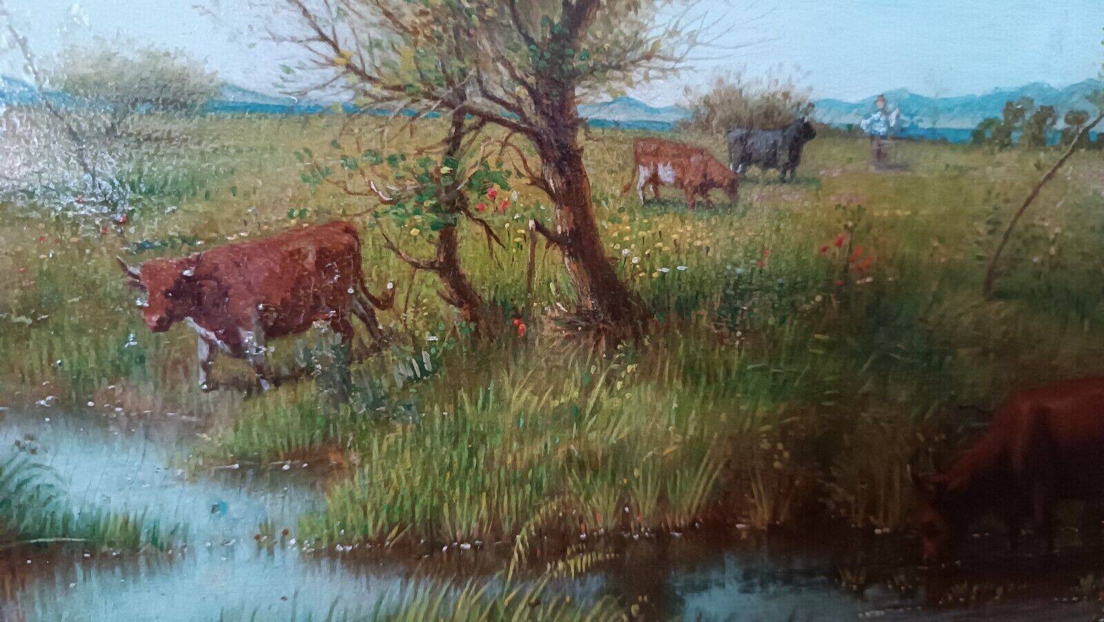 Antique oil painting on panel landscape figures cows - 19th century
