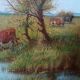 Antique oil painting on panel landscape figures cows - 19th century