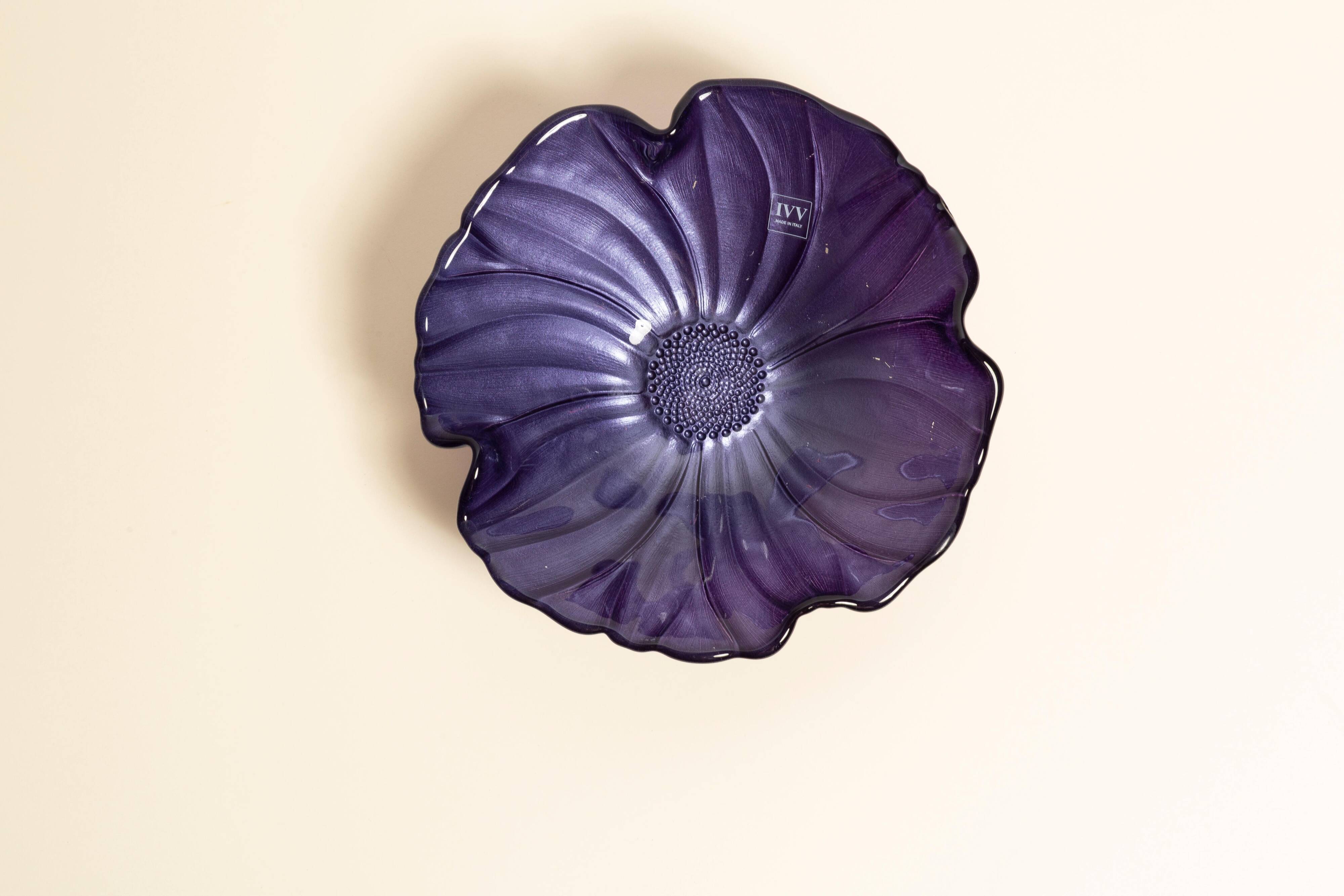 Vintage decorative glass plate in purple with flower pattern, Italy, 1960s.