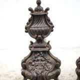 Vintage fireplace andirons, pair of cast iron Bacchus head andirons, fireplace accessories