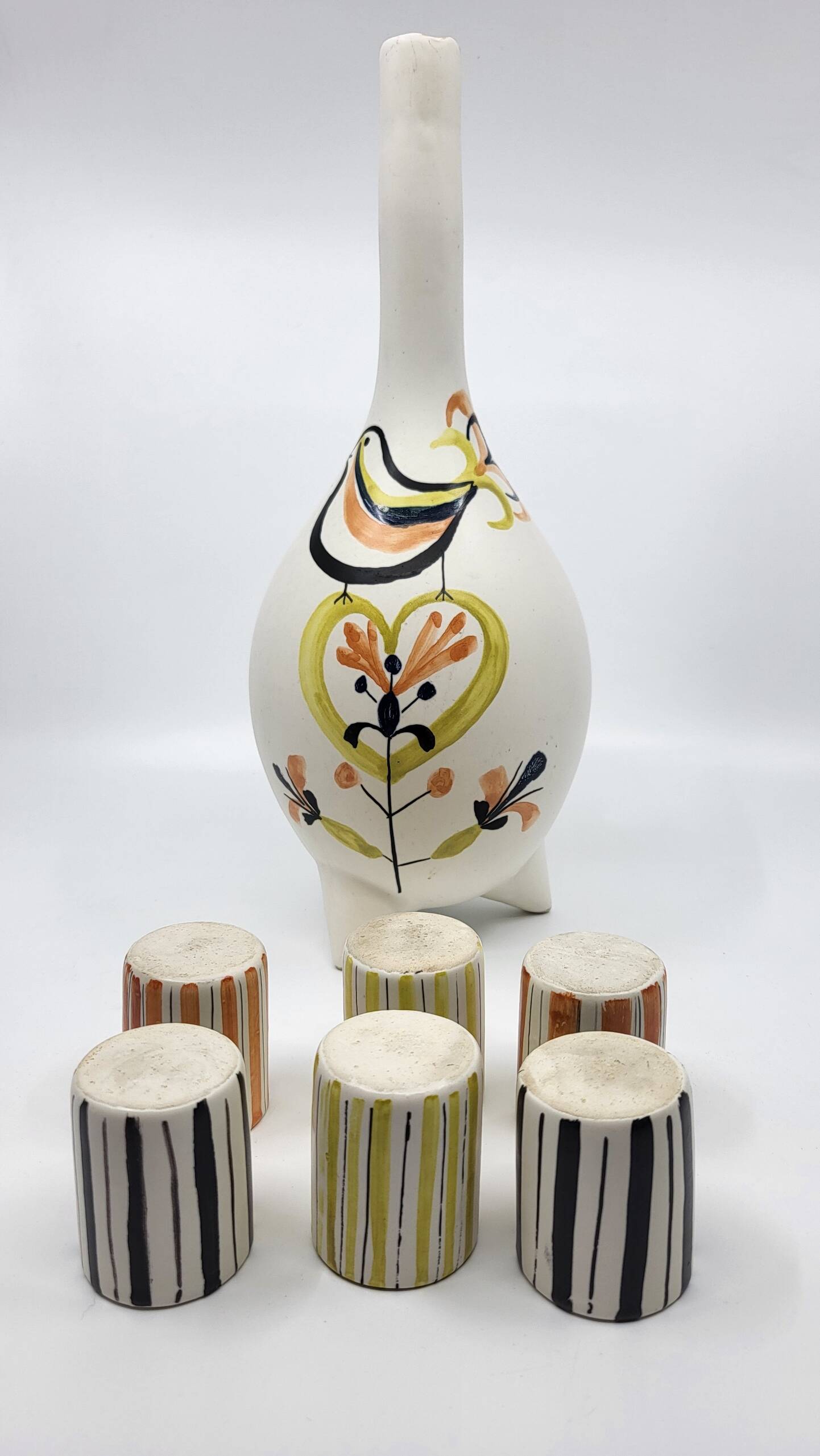 Roger Capron liqueur service bottle and 6 cups in French ceramic Vallauris