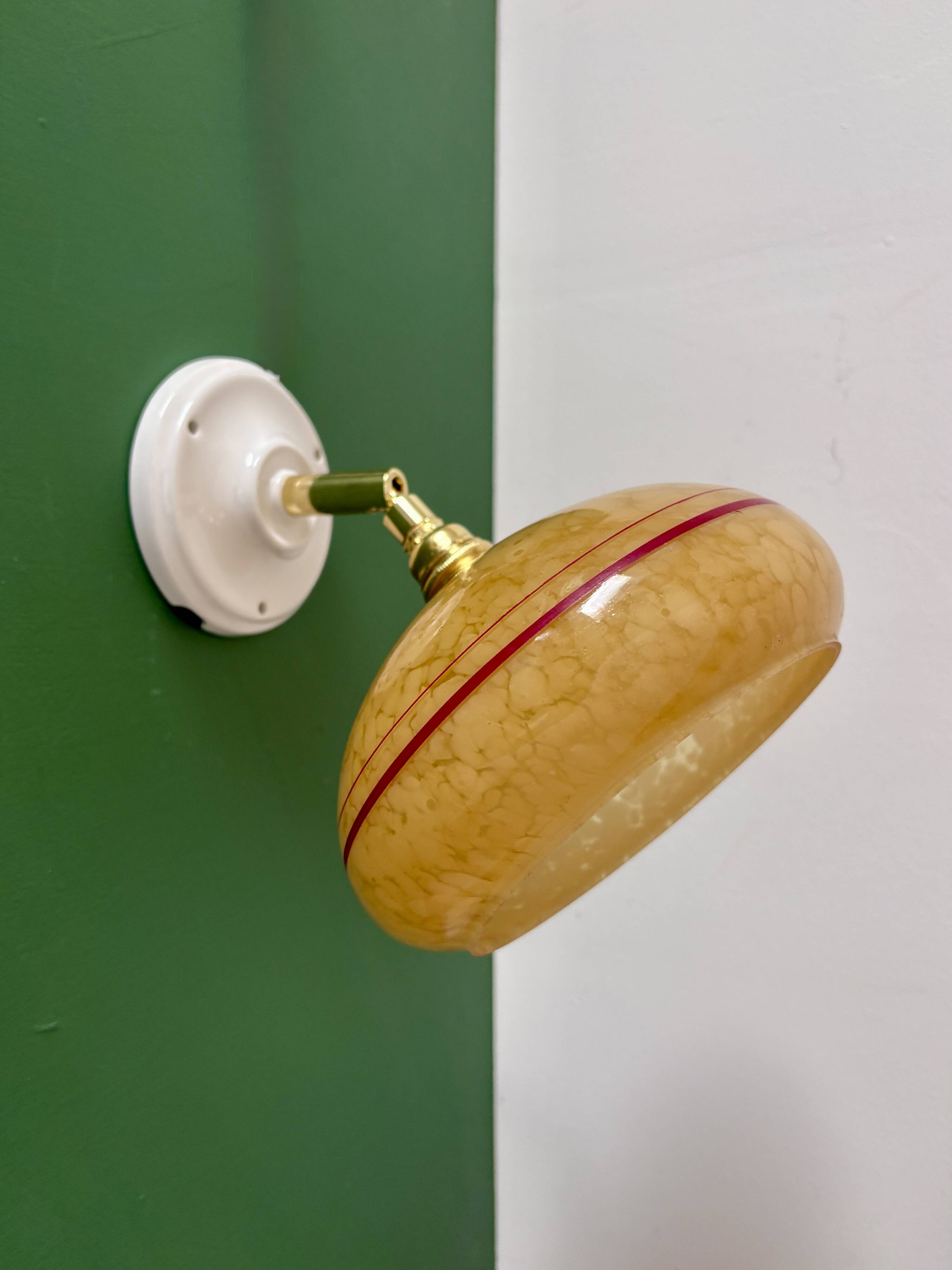 Vintage wall lamp with yellow clichy glass shade and red trim