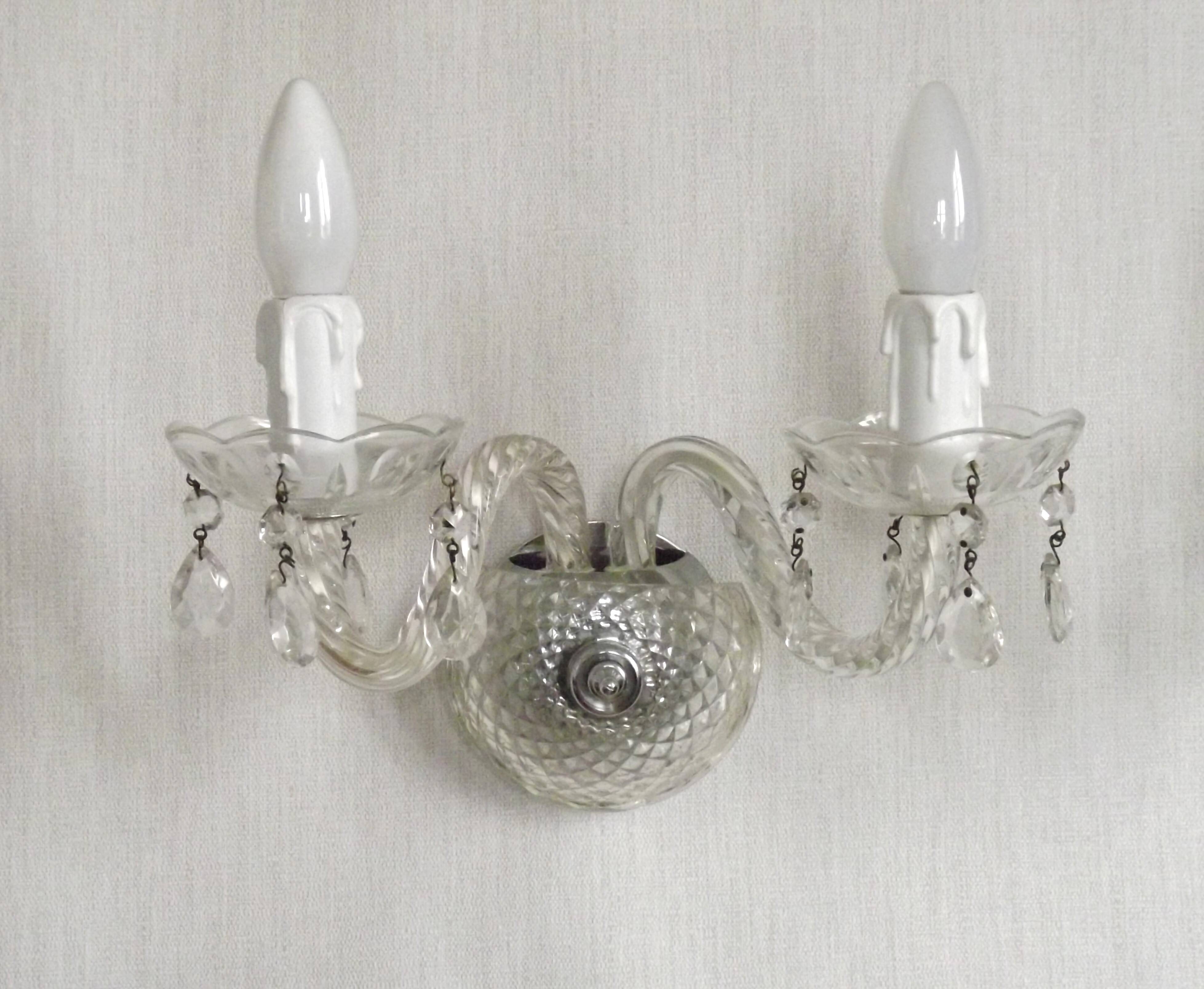 Pair of French vintage double crystal wall lights with barley twist glass arms.