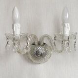 Pair of French vintage double crystal wall lights with barley twist glass arms.