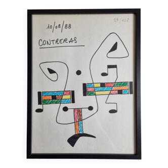 "Composition musicale abstraite" dessin original signé Contreras, années 80, 32 x 42 cm encadré