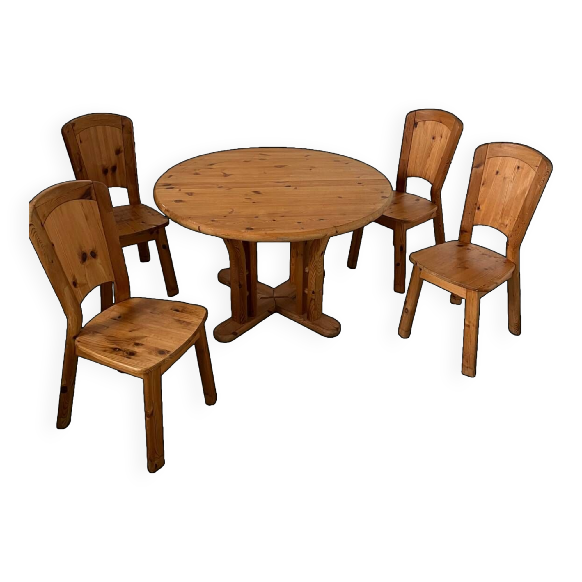 French design pine table and chair set from the 70s brutalist vintage arcs