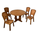 French design pine table and chair set from the 70s brutalist vintage arcs