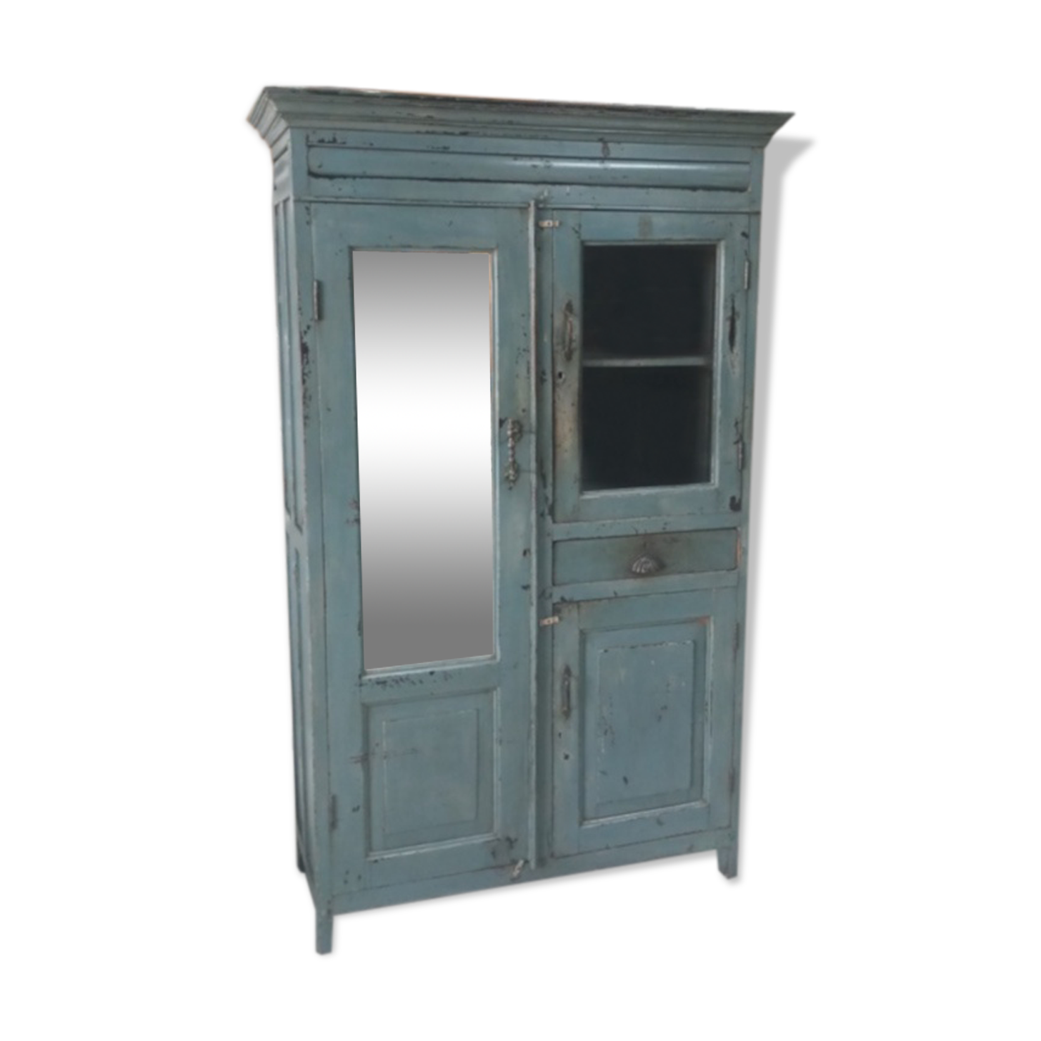 Grey vintage Cabinet old teak, glass and mirror
