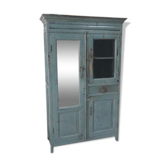 Armoire grise vintage vieux teck vitre et miroir