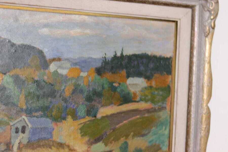 Original mid-century Swedish oil on panel – “Landscape with House” – vintage & framed – 42 × 52 cm (16.5" × 20.5")