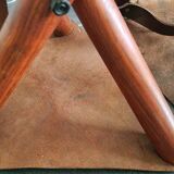 Set of teak and leather tripod stools