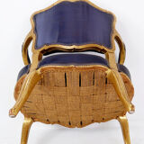 Louis XV style armchairs with original navy blue silk upholstery