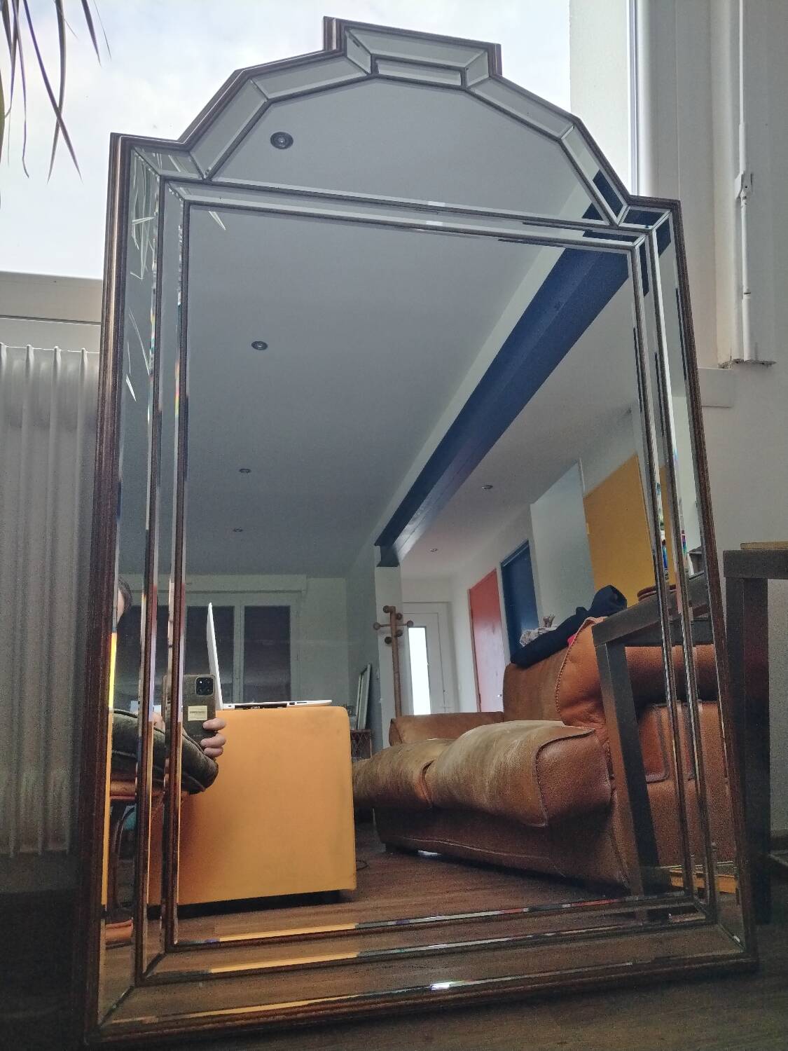 Large Wooden Mirror with Beveled Beads 1970s