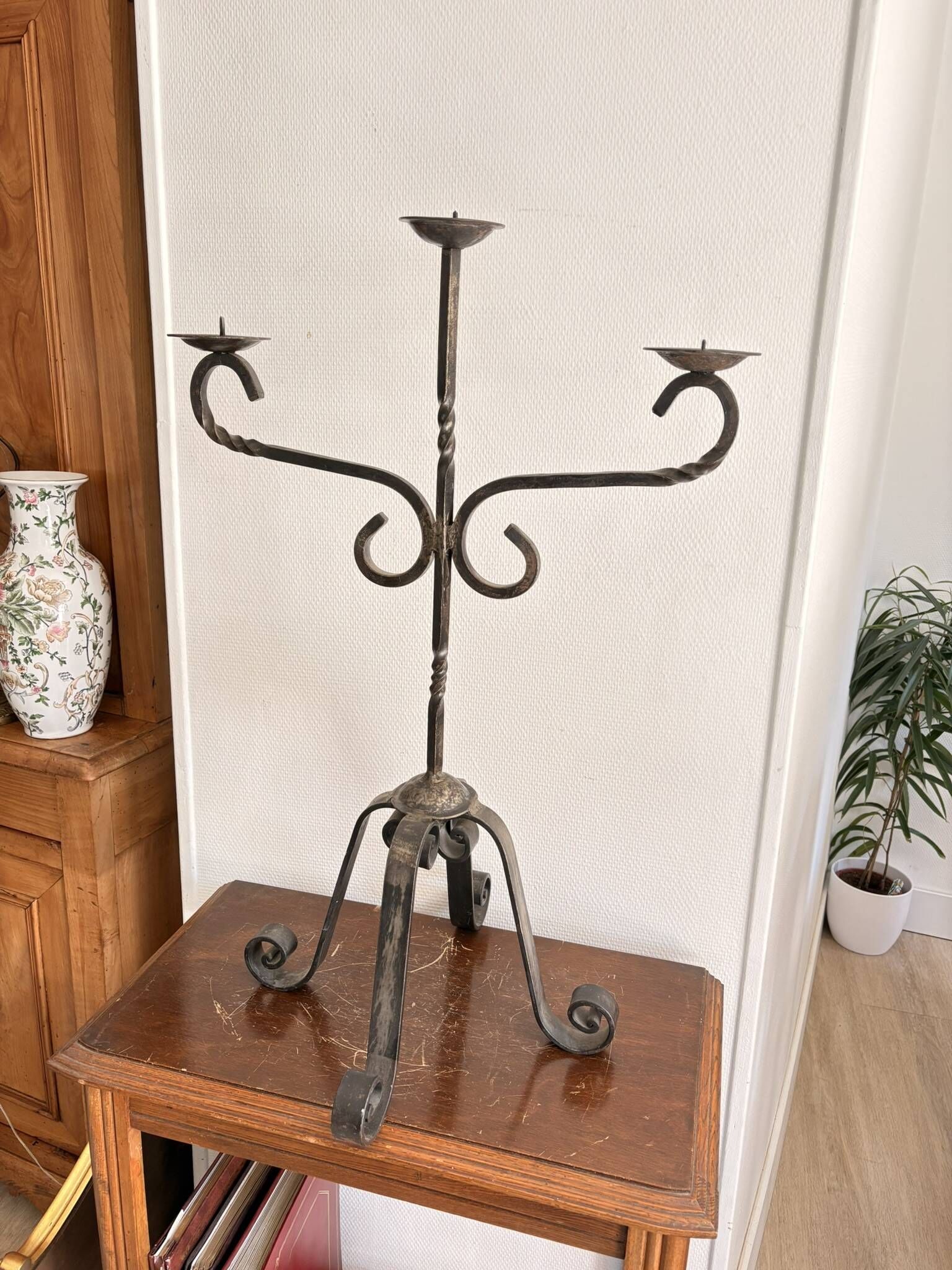 Candelabrum Chandelier Candle Holder Three Arms Light Wrought Iron 1940 Gothic