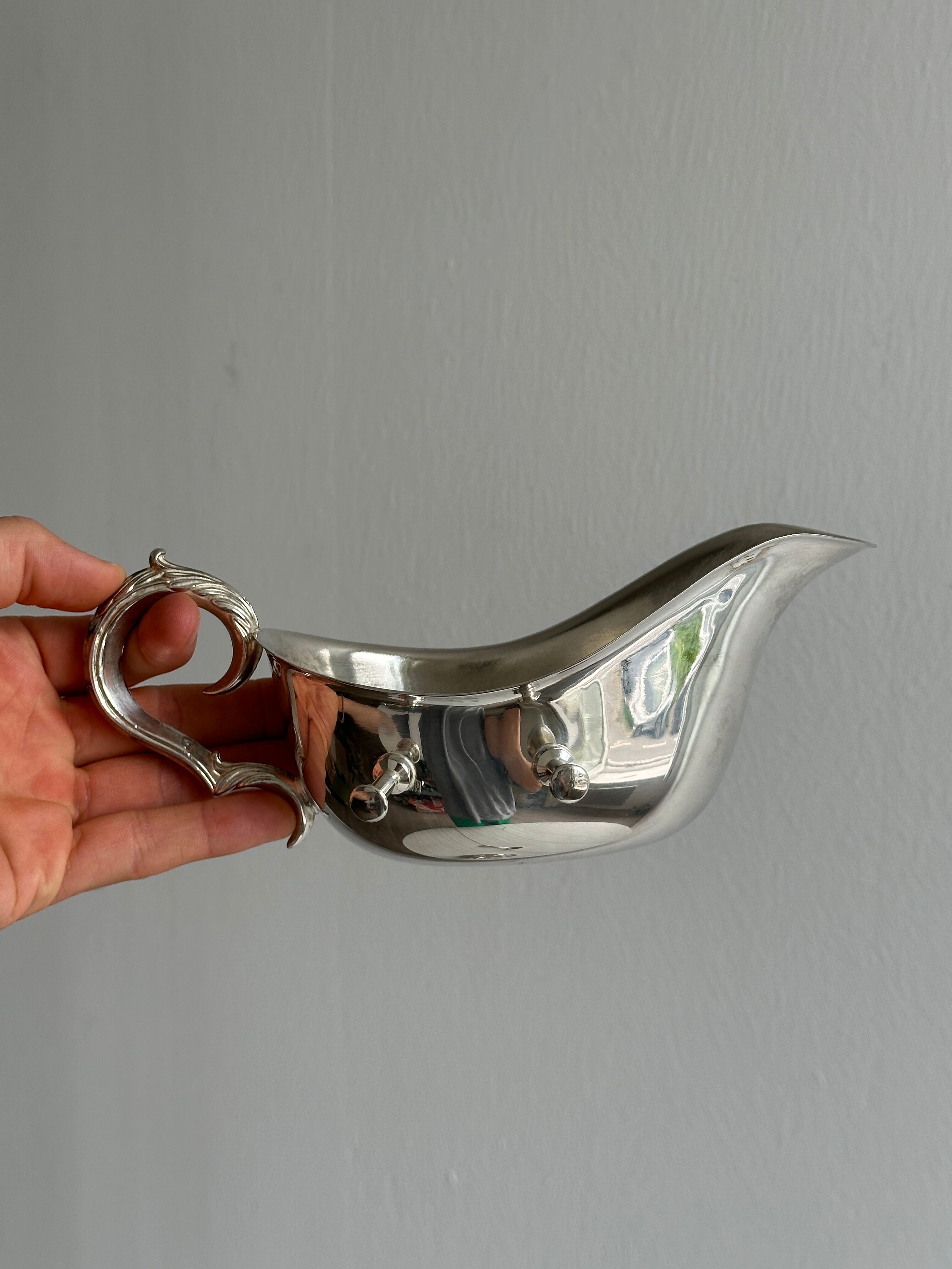 antique metal sauceboat with candle warmer and ladle