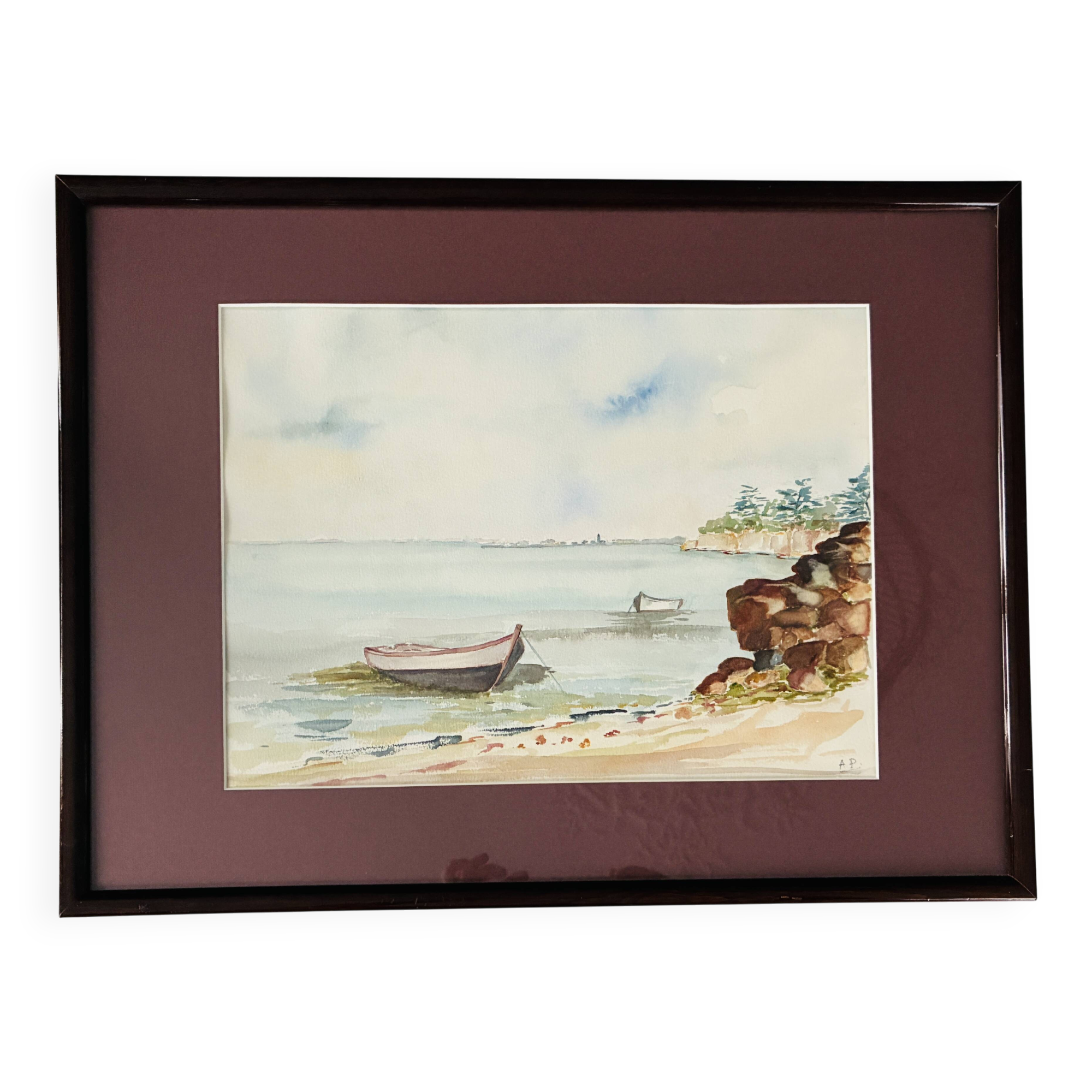 Framed antique watercolor, Gulf of Morbihan