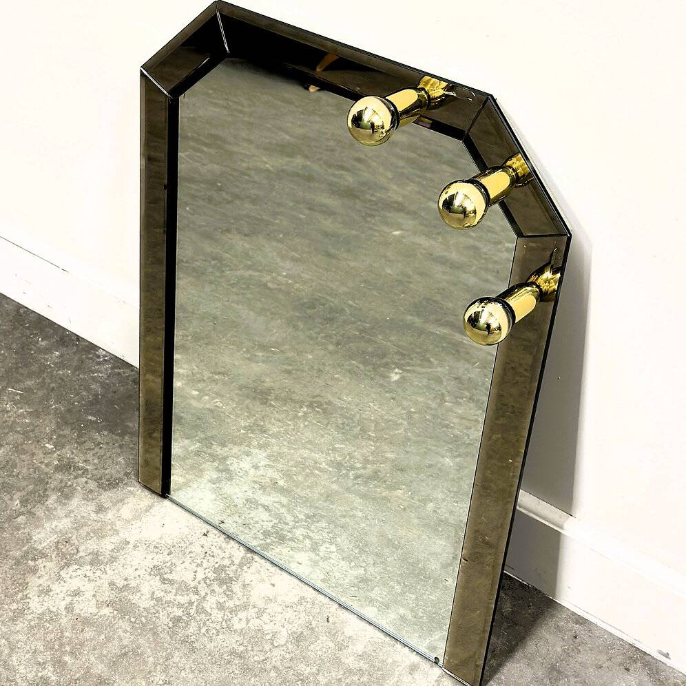 Vintage German brass & smoked mirror with architectural faceted top, 1980s.