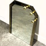 Vintage German brass & smoked mirror with architectural faceted top, 1980s.