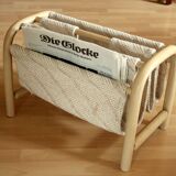 Magazine rack made of white bamboo and fabric, vintage from the 1970s