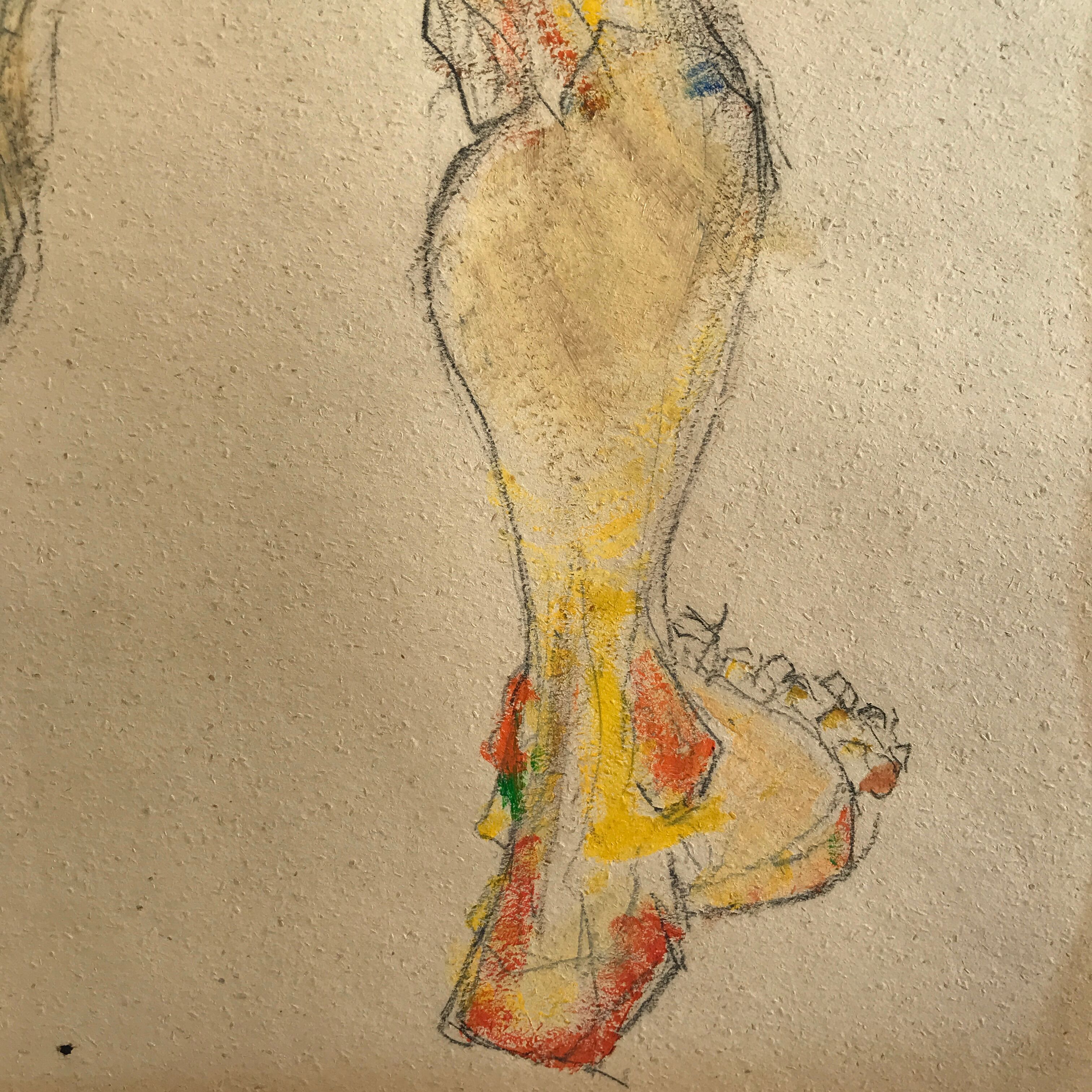Mixed media on paper by robert haisley, study of female body, with color highlights