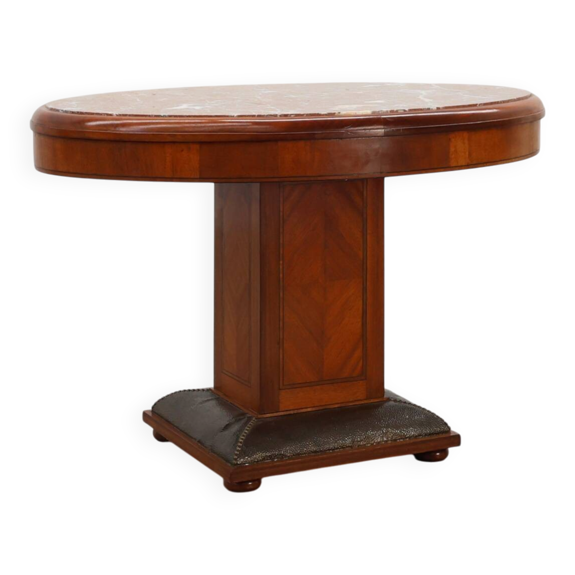 Oval Art Deco Side Table in Walnut with Marble Top by De Coene, Belgium