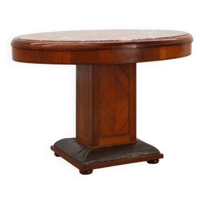 Table d'appoint ovale Art Déco en noyer avec plateau en marbre par De Coene, Belgique
