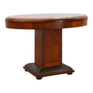 Table d'appoint ovale Art Déco en noyer avec plateau en marbre par De Coene, Belgique