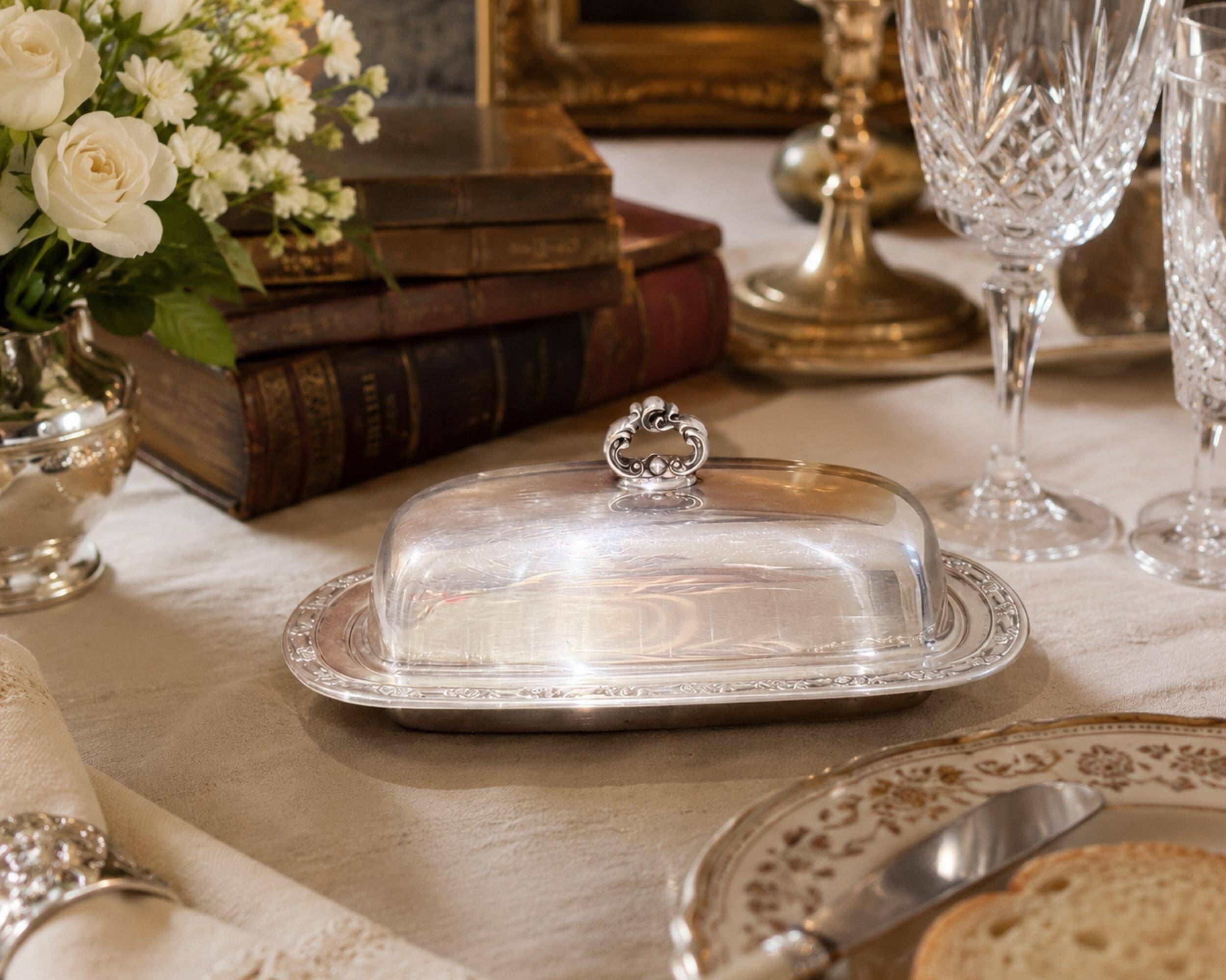 Antique Silver Plated Butter Dish Domed Lid, Vintage English Covered Butter Dish