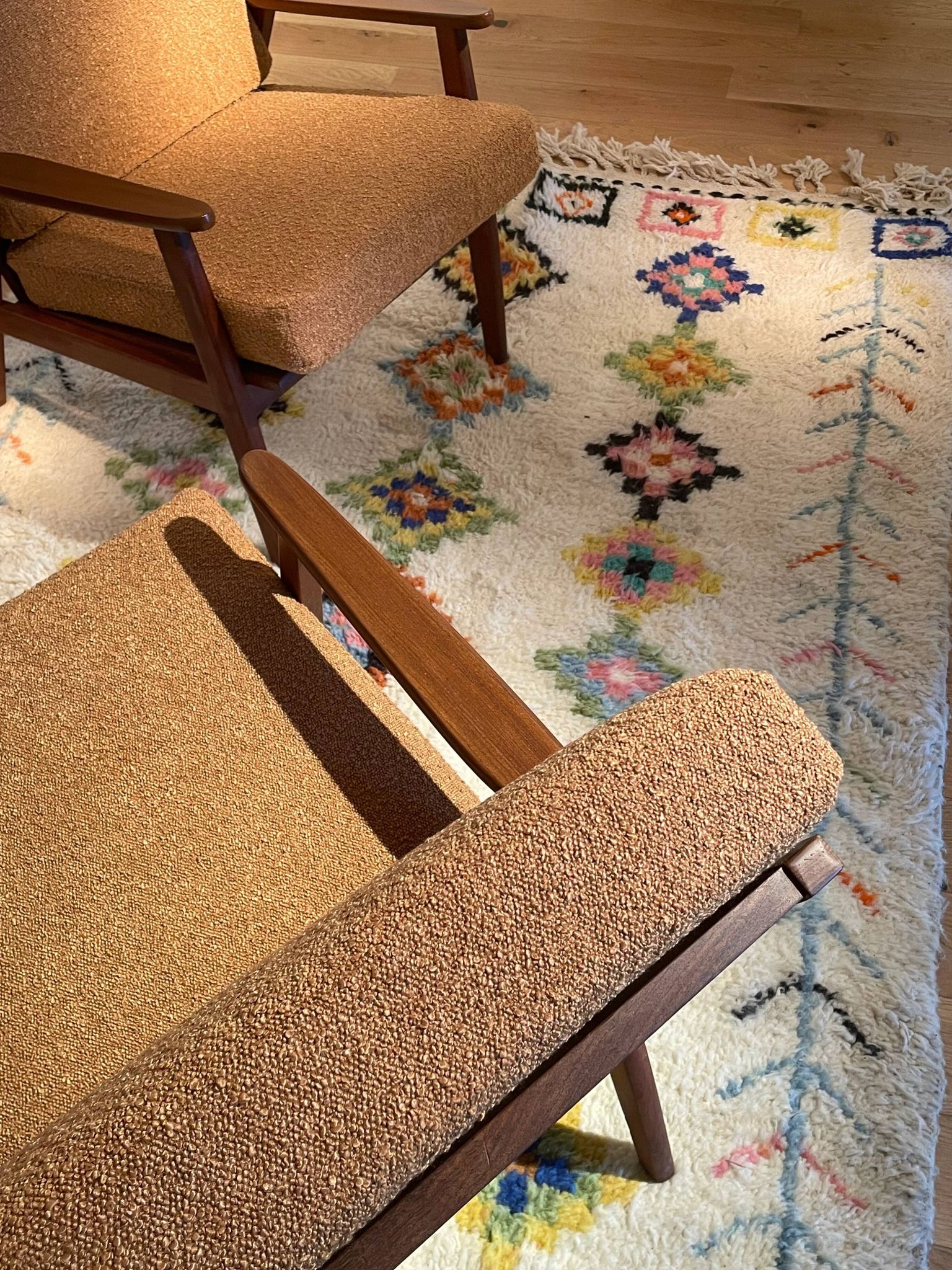 Vintage Scandinavian armchair "Theodor" in terracotta boucle.