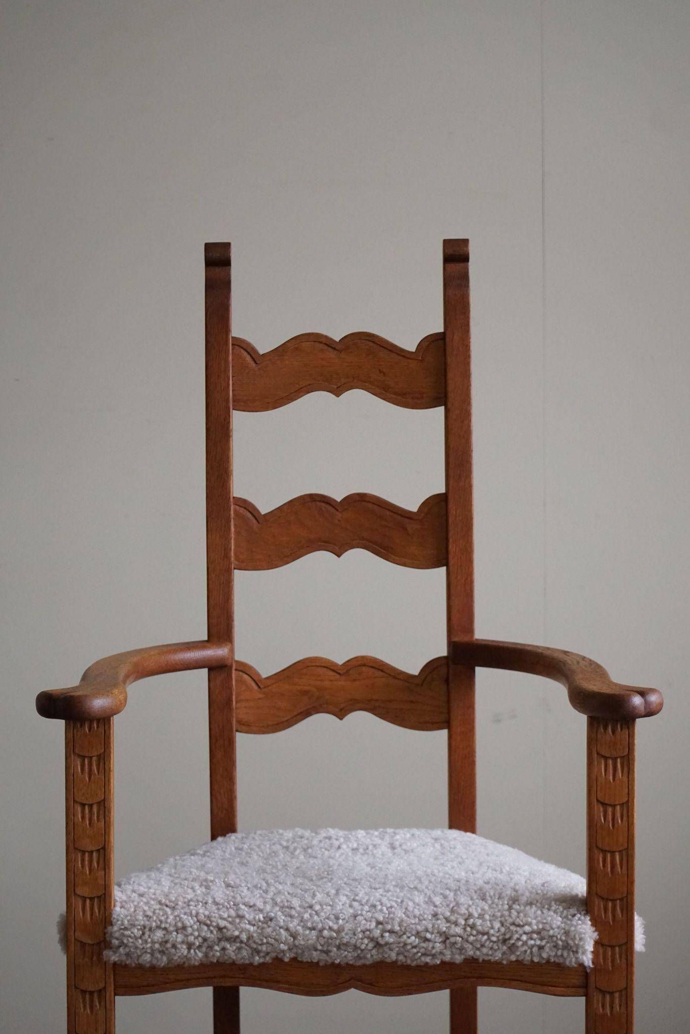 Classic Oak Armchair with Lambswool Upholstery, Mid-Century Danish, 1950s